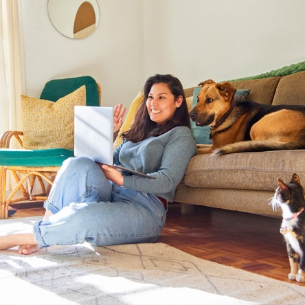 a person and a dog sitting on a couch